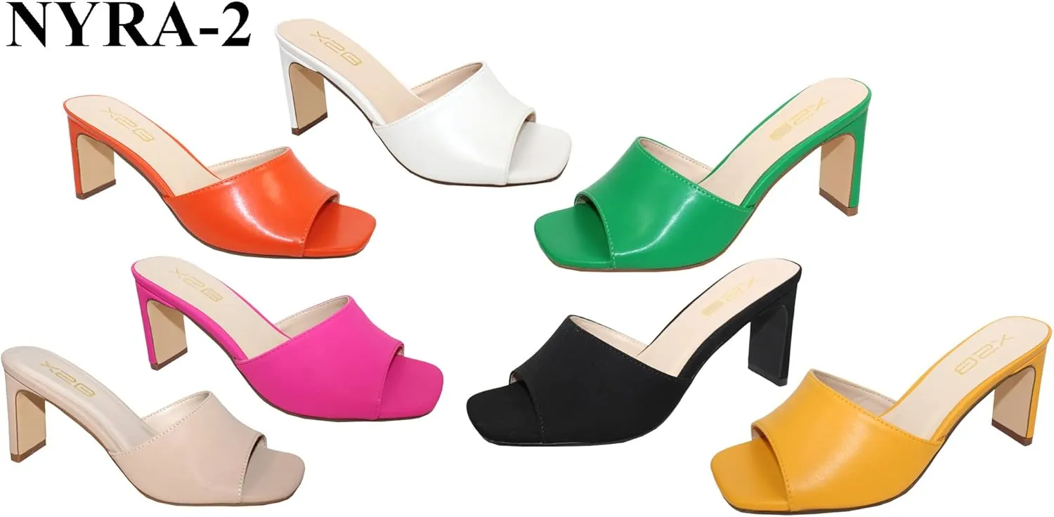 X2B Womens Chunky Heel Sandals Open Square Toe Mule Heel Sandal Slip On High Heels Shoes