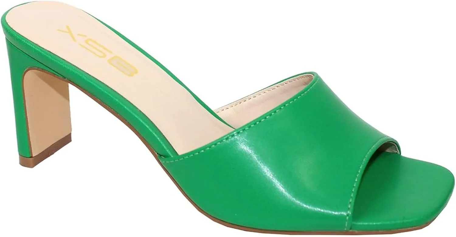 X2B Womens Chunky Heel Sandals Open Square Toe Mule Heel Sandal Slip On High Heels Shoes