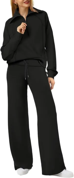XIEERDUO Lounge Sets For Women 2024 Half Zip Sweatshirt And Wide Leg Sweatpant 2 Piece Outfits Sweatsuit Tracksuit