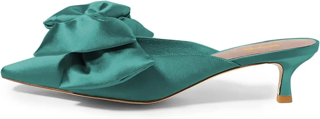 XYD Women Kitten Heel Mules Slip On Dress Sandals with Bows Pointed Toe Low Heel Satin Slippers Wedding Party Casual Shoes