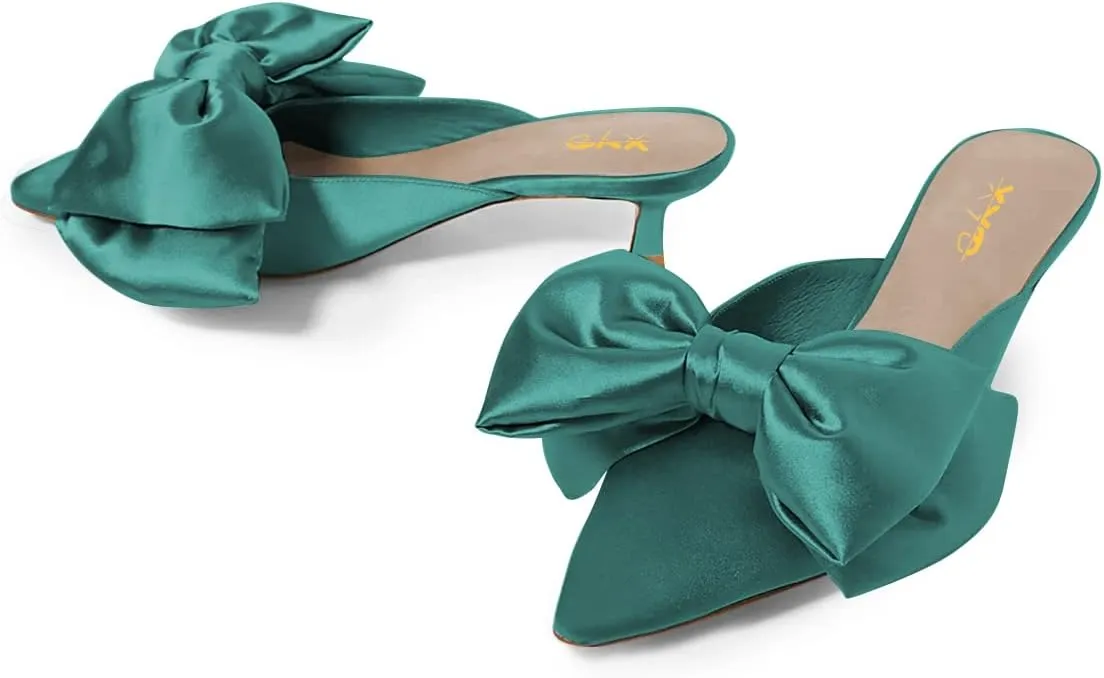 XYD Women Kitten Heel Mules Slip On Dress Sandals with Bows Pointed Toe Low Heel Satin Slippers Wedding Party Casual Shoes