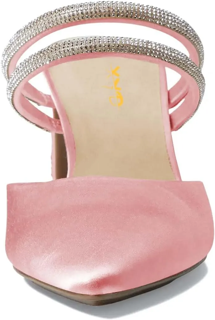 XYD Women Two Crystal Straps Pointed Toe Satin Mules Block Low Heel Slip-ons Sparkling Studs Dress Shoes