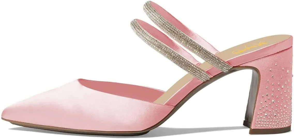 XYD Women Two Crystal Straps Pointed Toe Satin Mules Block Low Heel Slip-ons Sparkling Studs Dress Shoes