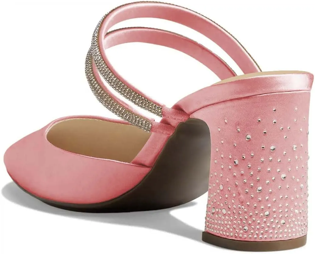 XYD Women Two Crystal Straps Pointed Toe Satin Mules Block Low Heel Slip-ons Sparkling Studs Dress Shoes