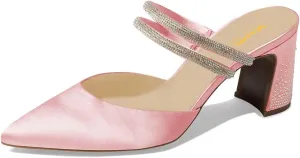 XYD Women Two Crystal Straps Pointed Toe Satin Mules Block Low Heel Slip-ons Sparkling Studs Dress Shoes