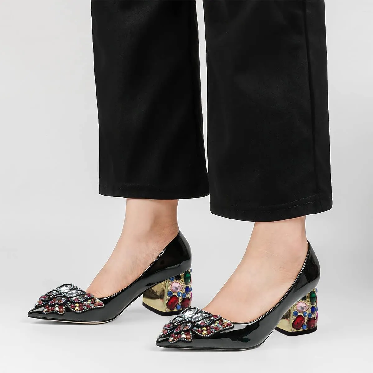 YDN Women's Pointed Toe Bow Pumps Colorful Rhinestone Block Low Heel Butterfly Slip On Fashion Party Dance Shoes Size 4-15 US