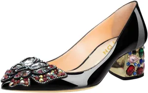 YDN Women's Pointed Toe Bow Pumps Colorful Rhinestone Block Low Heel Butterfly Slip On Fashion Party Dance Shoes Size 4-15 US