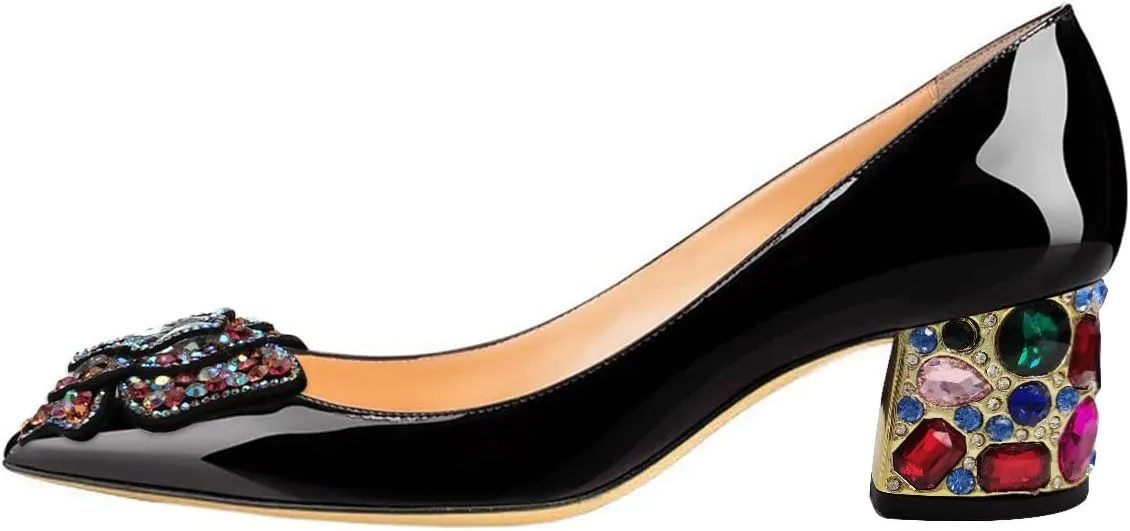 YDN Women's Pointed Toe Bow Pumps Colorful Rhinestone Block Low Heel Butterfly Slip On Fashion Party Dance Shoes Size 4-15 US
