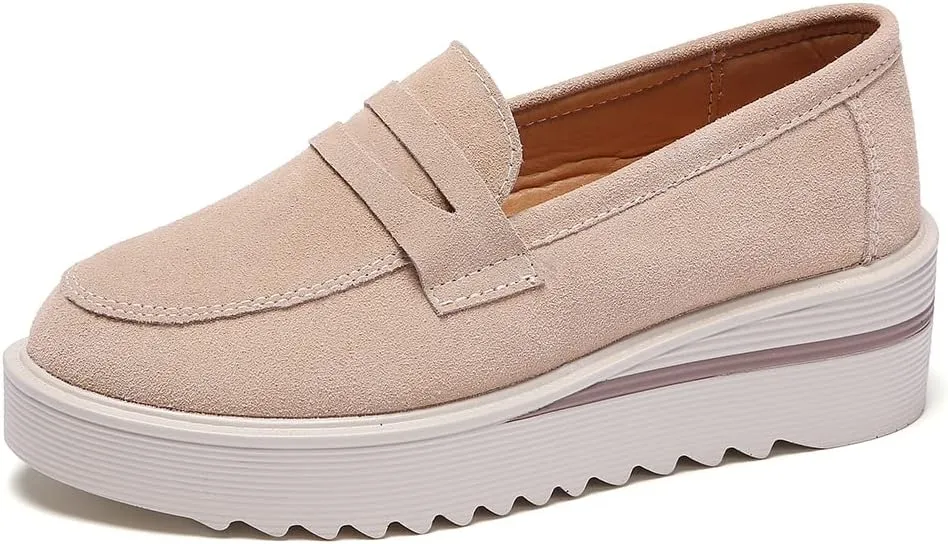 YING LAN Women Platform Slip On Loafers Comfort Suede Moccasins Wide Low Top Wedge Casual Shoes