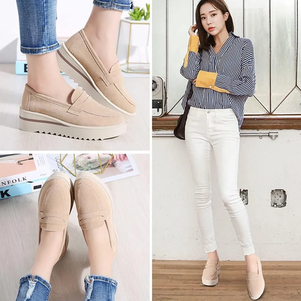 YING LAN Women Platform Slip On Loafers Comfort Suede Moccasins Wide Low Top Wedge Casual Shoes