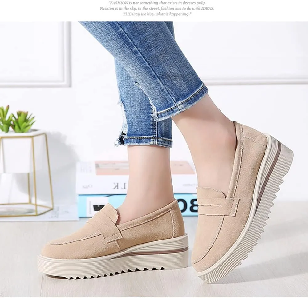YING LAN Women Platform Slip On Loafers Comfort Suede Moccasins Wide Low Top Wedge Casual Shoes