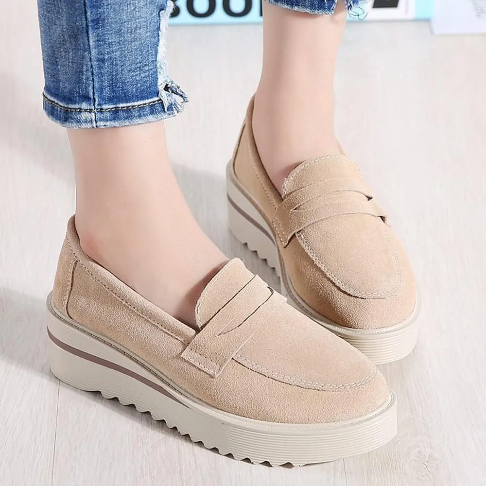 YING LAN Women Platform Slip On Loafers Comfort Suede Moccasins Wide Low Top Wedge Casual Shoes