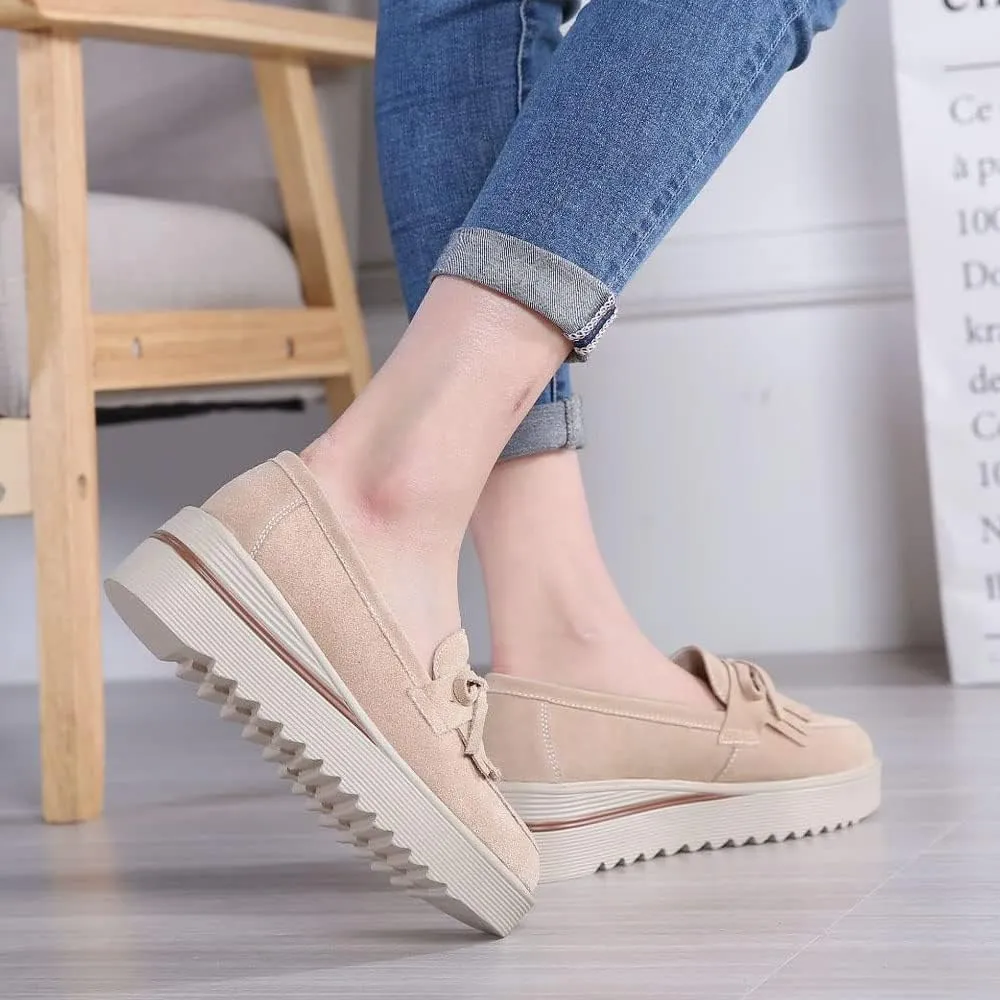YING LAN Women Platform Slip On Loafers Comfort Suede Moccasins Wide Low Top Wedge Casual Shoes
