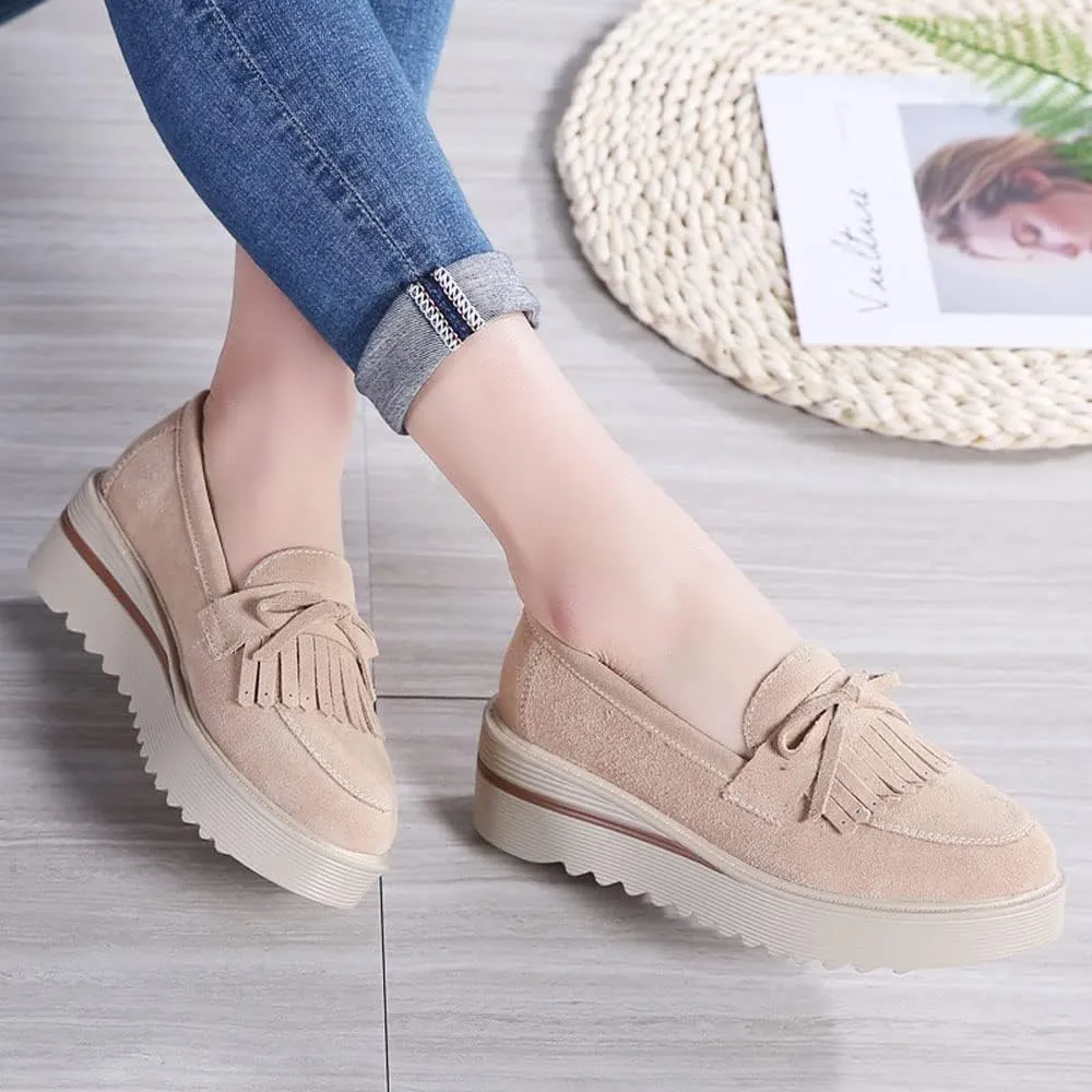 YING LAN Women Platform Slip On Loafers Comfort Suede Moccasins Wide Low Top Wedge Casual Shoes