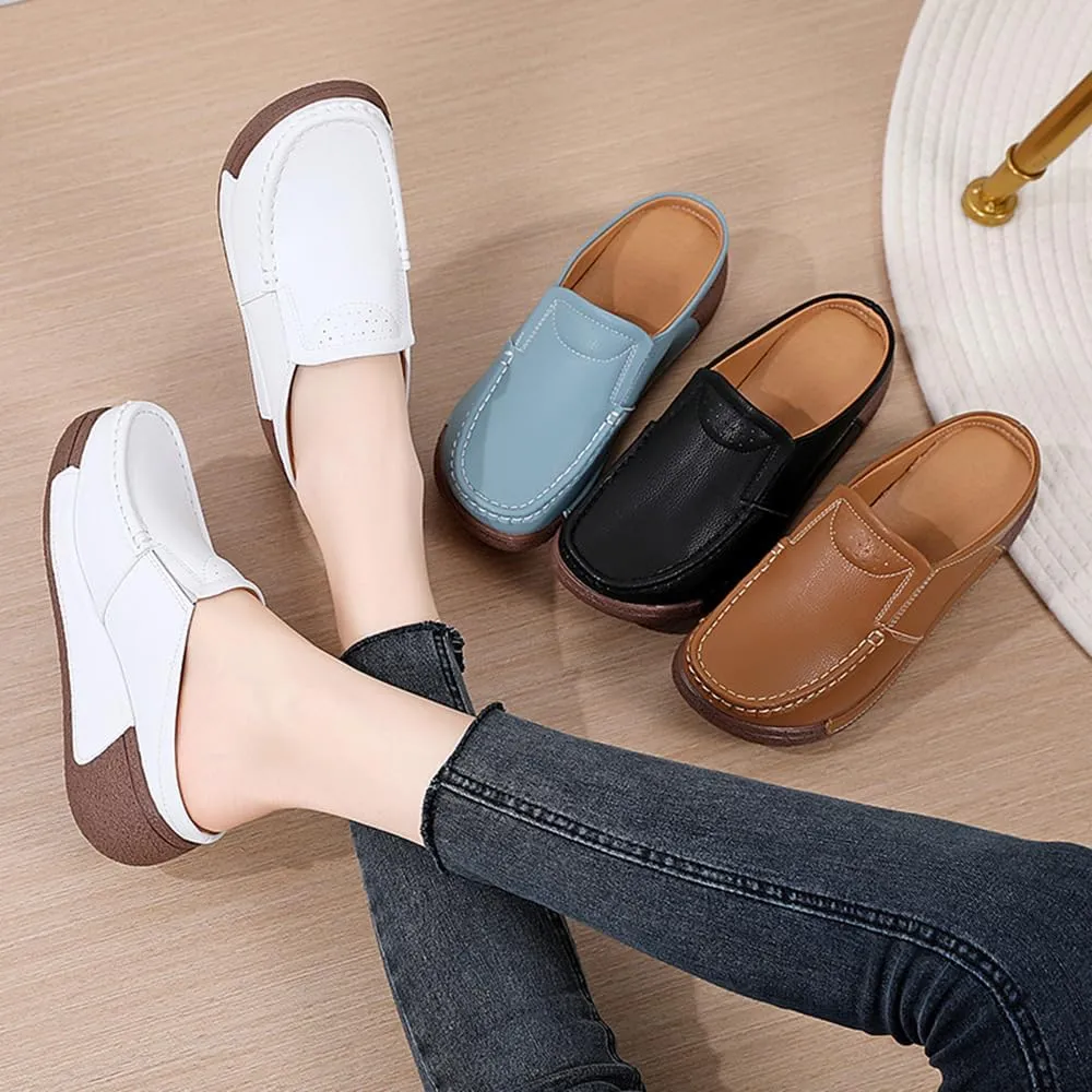 YING LAN Women Slip On Loafers Comfort Leather Wide Low Top Casual Platform Shoes
