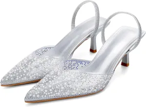 YIYA Women's Clear Slingback Heels with Pearl Studded Pointed Toe Kitten Mid Heels Sparkly Rhinestone Slip On Wedding Party Shoes