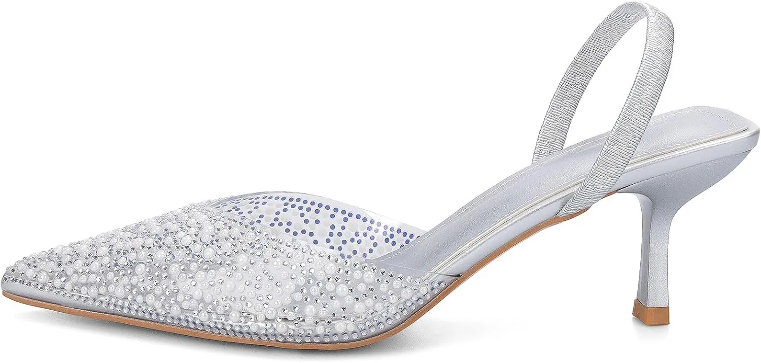 YIYA Women's Clear Slingback Heels with Pearl Studded Pointed Toe Kitten Mid Heels Sparkly Rhinestone Slip On Wedding Party Shoes