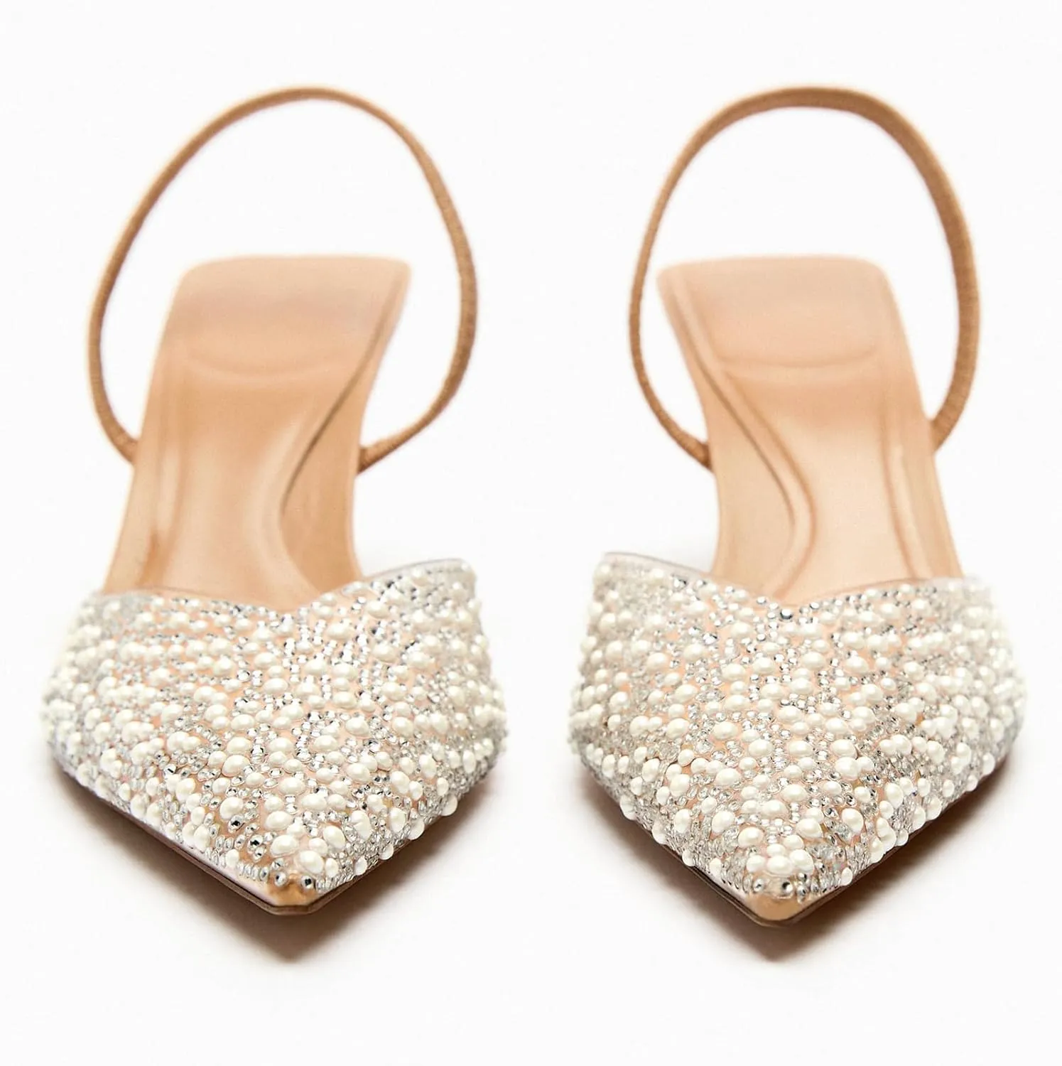 YIYA Women's Clear Slingback Heels with Pearl Studded Pointed Toe Kitten Mid Heels Sparkly Rhinestone Slip On Wedding Party Shoes