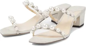 YIYA Women's Pearl Chunky Heels Slides Mules Two Strap Open Square Toe Block Low Heels Slip On Heeled Wedding Party Dress Sandals