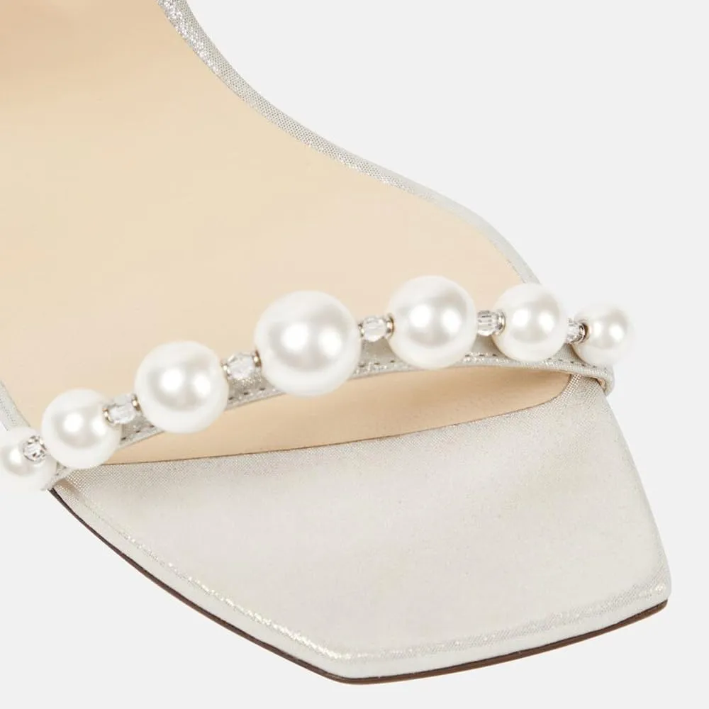 YIYA Women's Pearl Chunky Heels Slides Mules Two Strap Open Square Toe Block Low Heels Slip On Heeled Wedding Party Dress Sandals