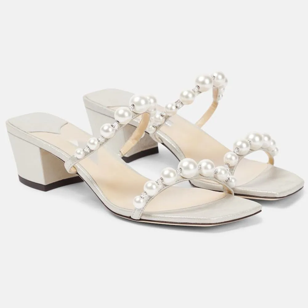 YIYA Women's Pearl Chunky Heels Slides Mules Two Strap Open Square Toe Block Low Heels Slip On Heeled Wedding Party Dress Sandals