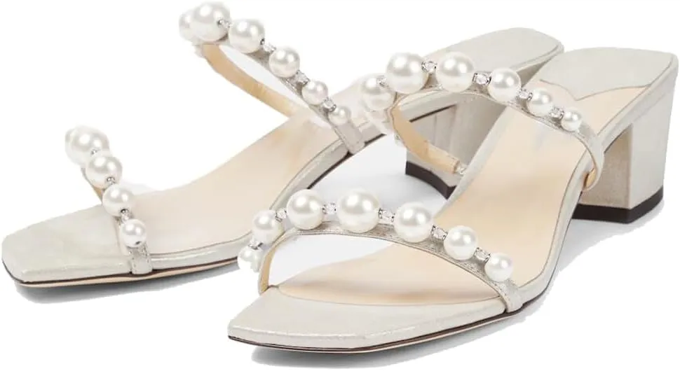 YIYA Women's Pearl Chunky Heels Slides Mules Two Strap Open Square Toe Block Low Heels Slip On Heeled Wedding Party Dress Sandals