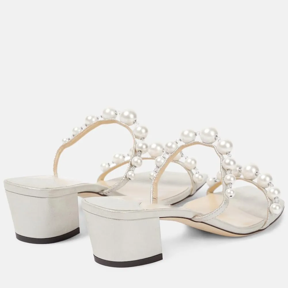 YIYA Women's Pearl Chunky Heels Slides Mules Two Strap Open Square Toe Block Low Heels Slip On Heeled Wedding Party Dress Sandals
