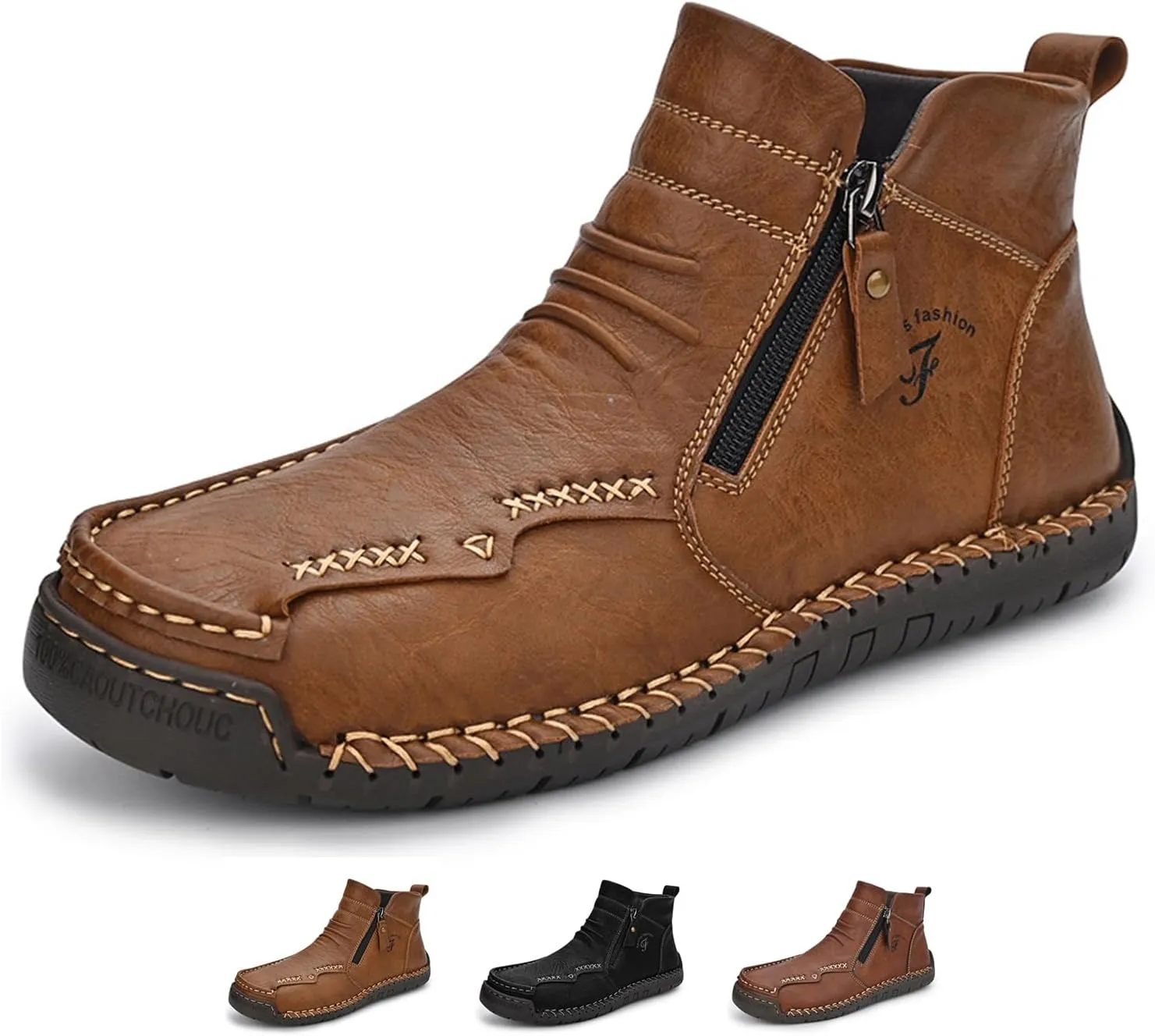 Zeberfi Men's Waterproof Leather Chukka Ankle Boots for Hiking Camping & Driving Fashion Retro Side Zip Hand Stitched High Top Outdoor Walking Sneakers Optional Warm Velvet Lining Snow Boots