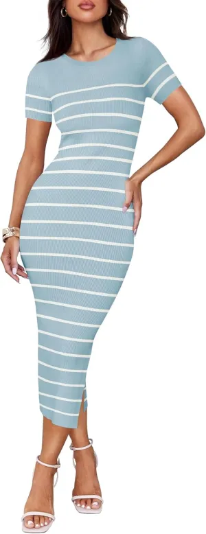 ZESICA Women's 2025 Summer Bodycon Midi Dress Striped Short Sleeve Ribbed Knit Slim Fit Side Slit Vacation Long Dresses
